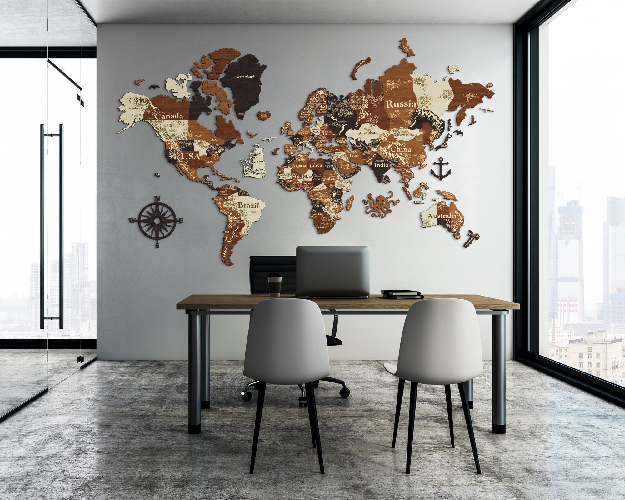 3D Wooden World Map - Wood Push Pin Travel Map