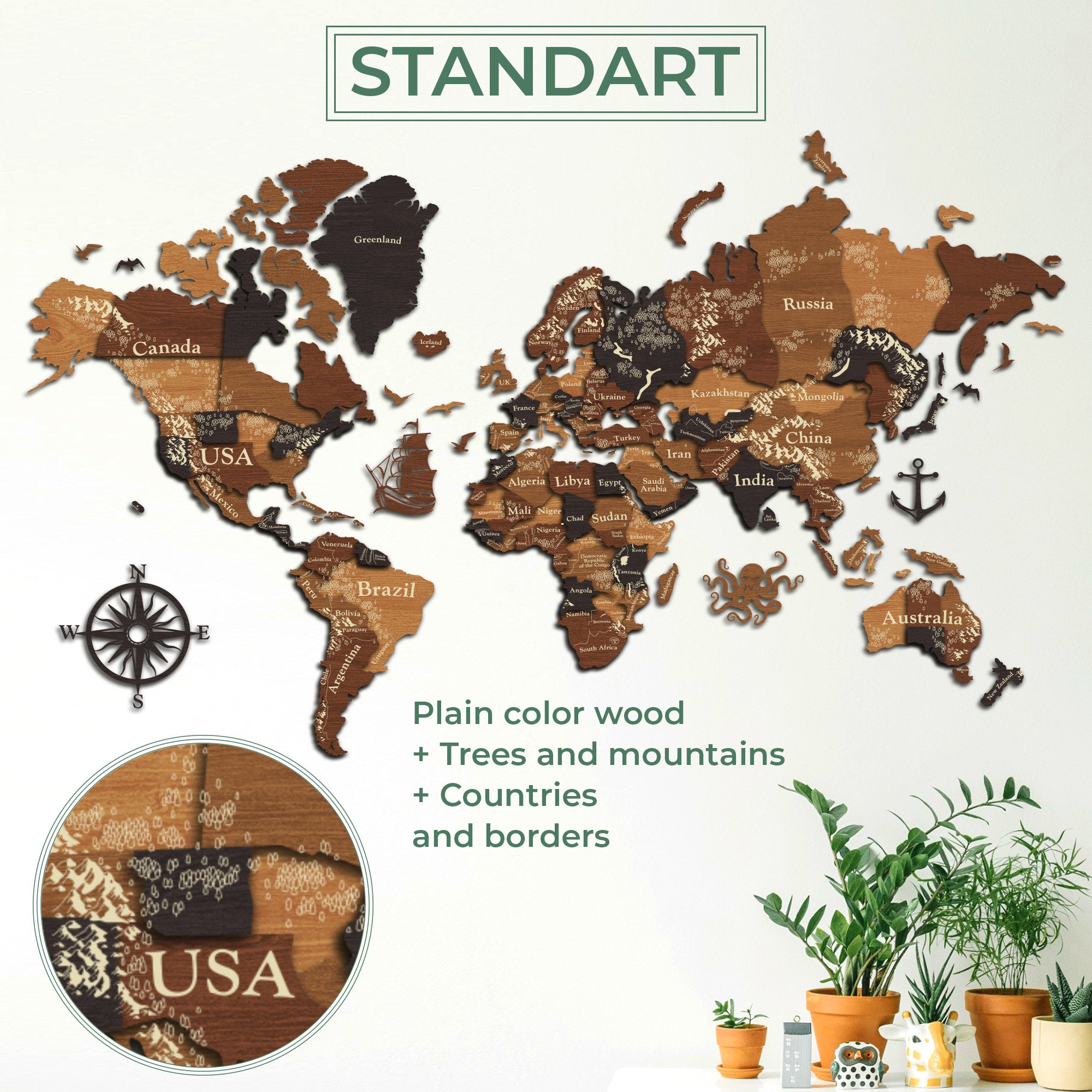 3D Wooden World Map - Wood Push Pin Travel Map