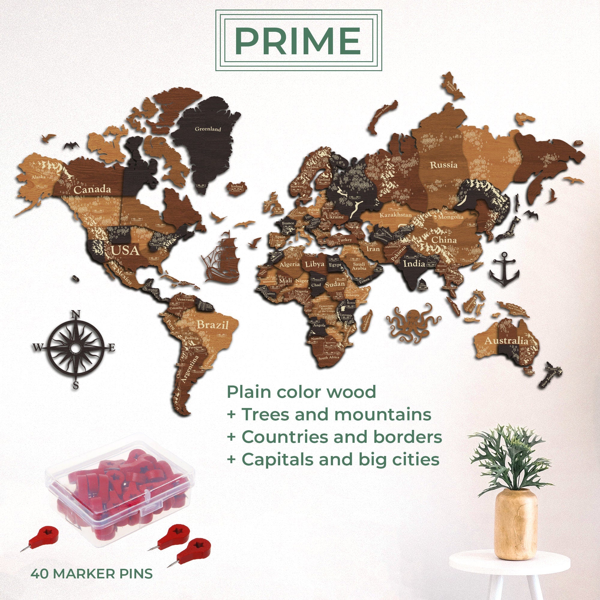 3D Wooden World Map - Wood Push Pin Travel Map