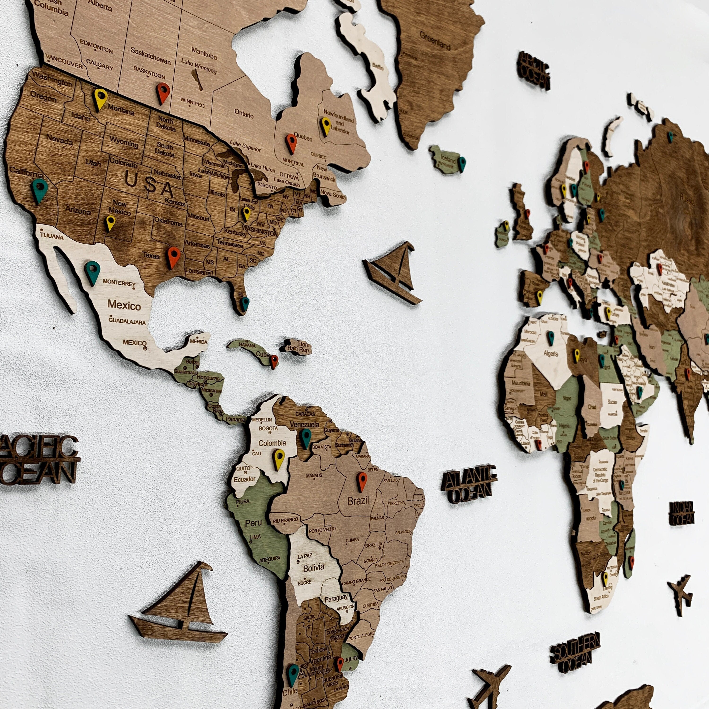 Push Pin Map Weltkarte Holz Wall Decor
