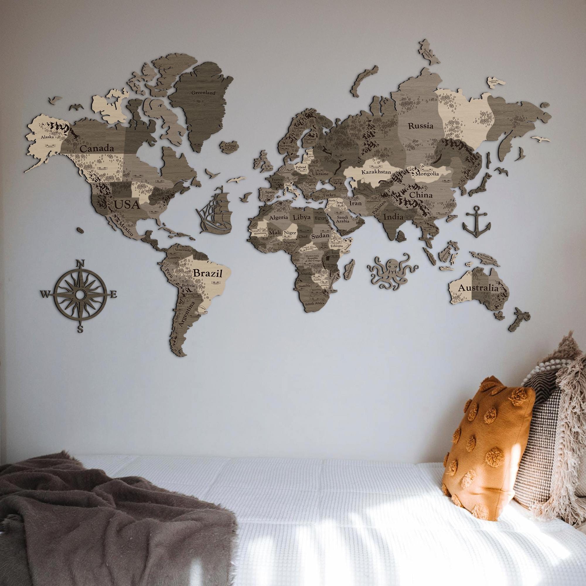 3D Wooden World Map - Wood Push Pin Travel Map