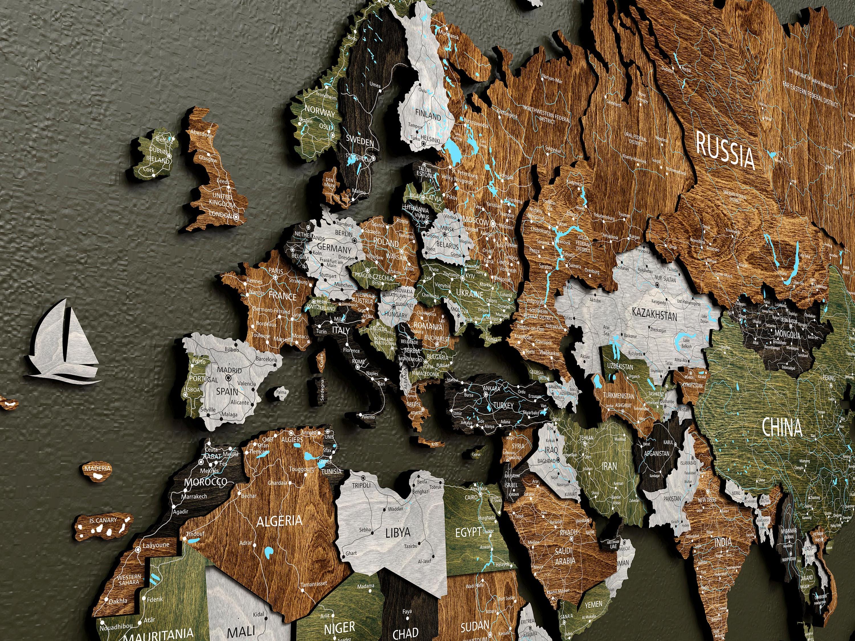 3D Wooden World Push Pin Travel Map