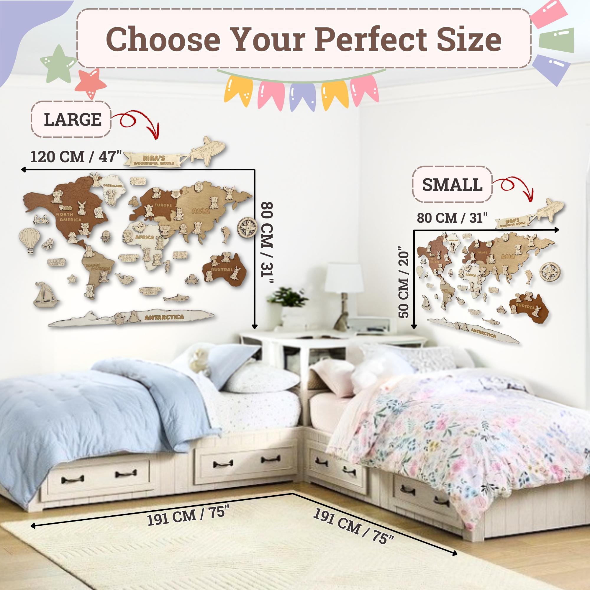 Kids world map safari nursery decor girls boys room