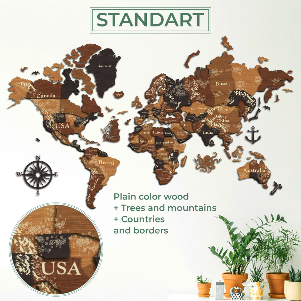 3D Wooden World Map - Wood Push Pin Travel Map