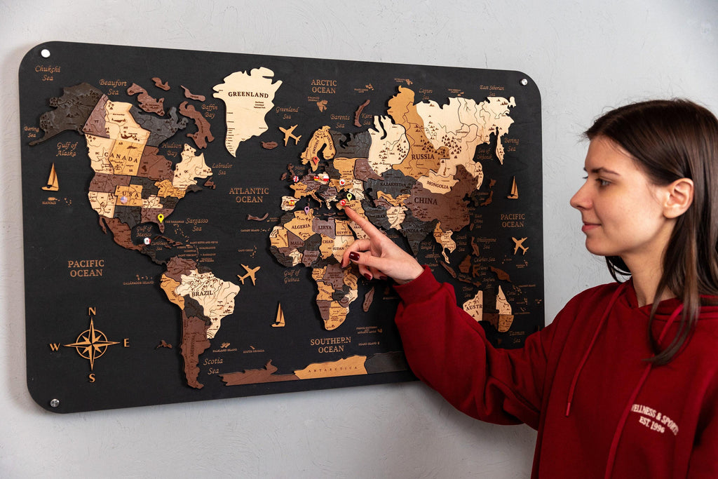 Wooden World Map Push Pin Map