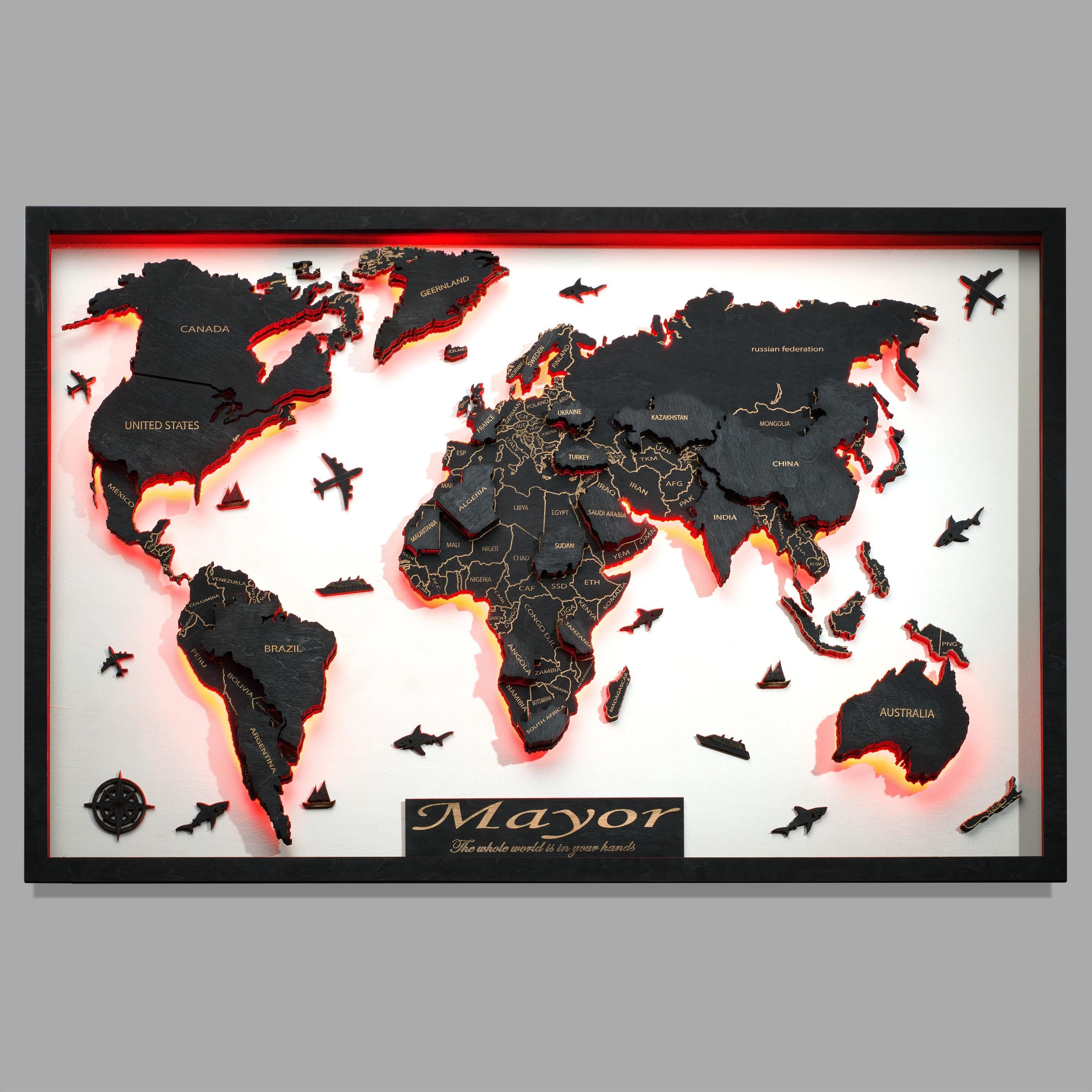 LED Wooden World Map Handmade